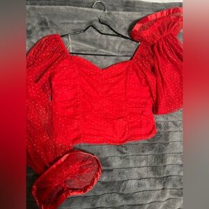 Red Ruffled Off The Shoulder Puff Sleeve Blouse